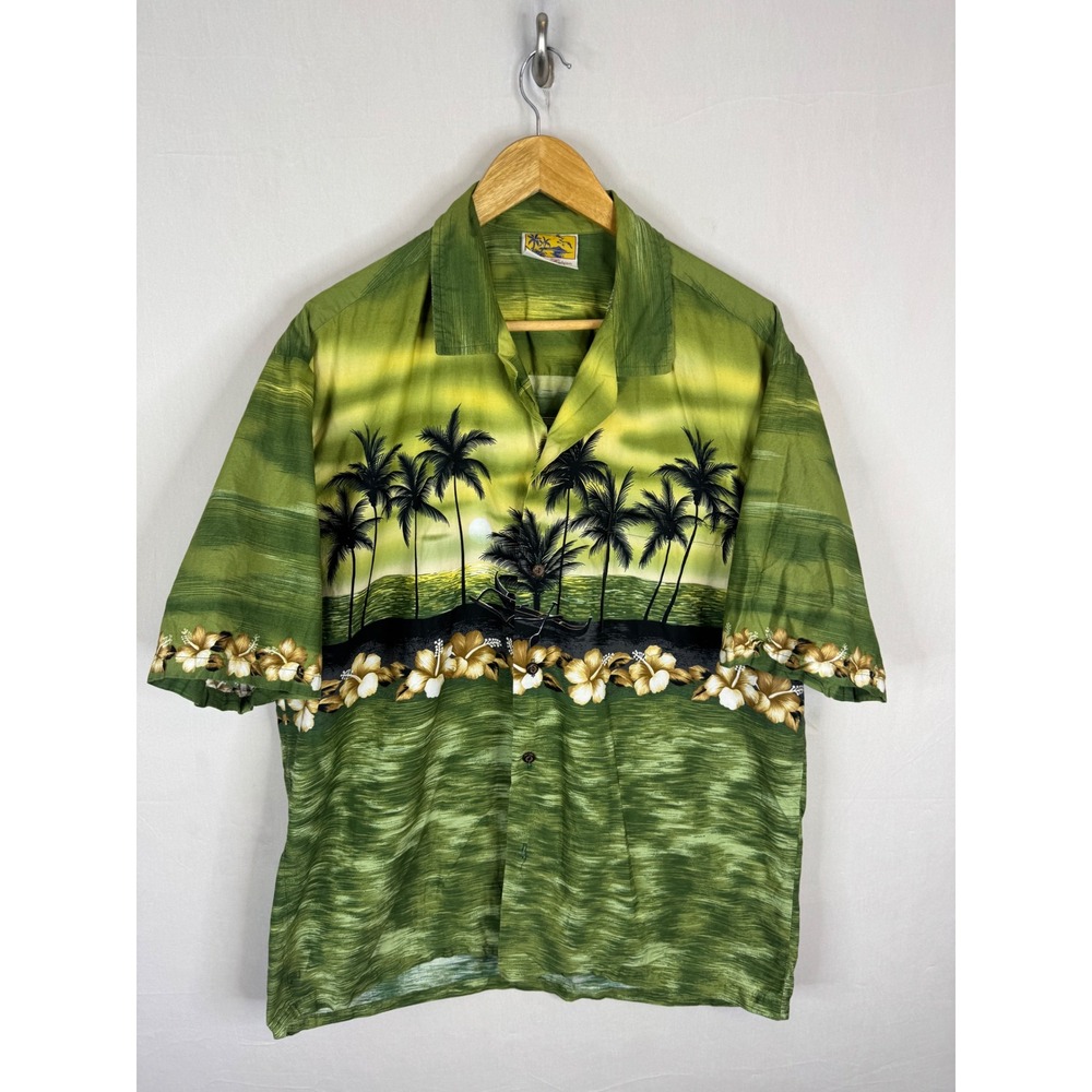 Winnie Fashion Mens XL Green Hawaiian Shirt Palm Tree Hibiscus Made in Hawaii